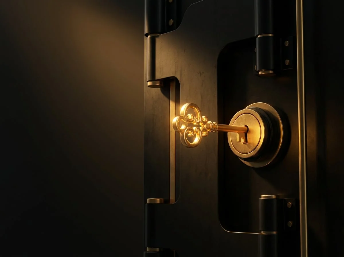 A glowing gold key unlocking a dark vault door.