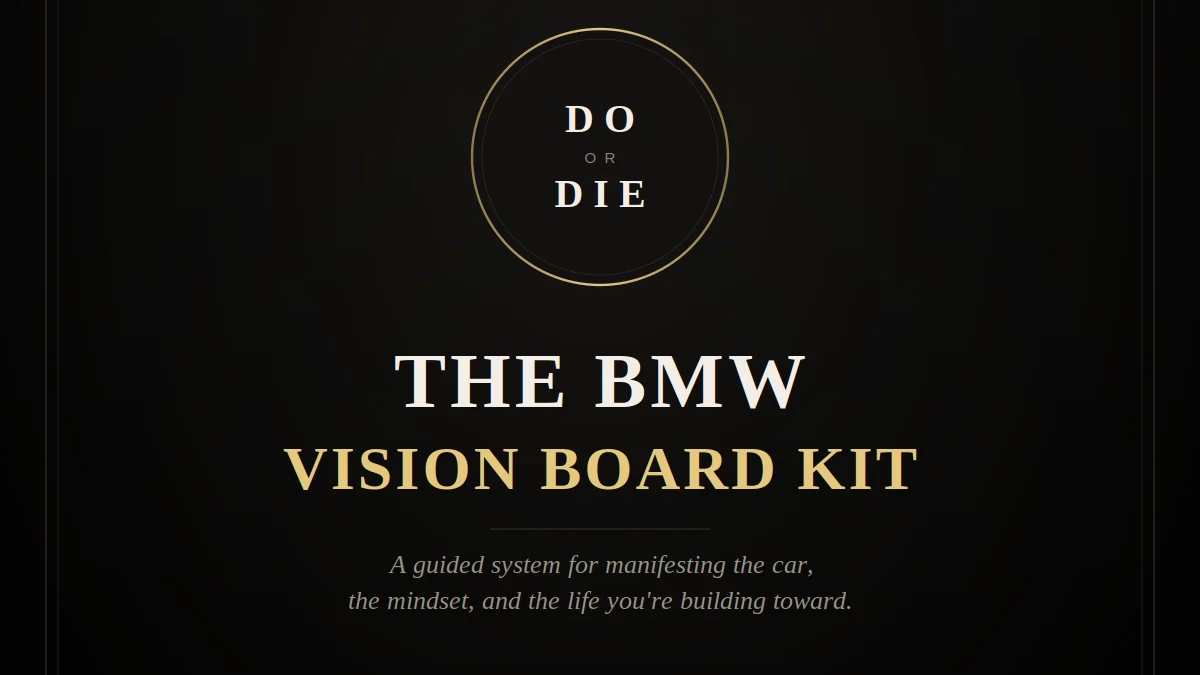 A black and gold editorial vision board kit with a BMW, goals, and a 90-day grid.