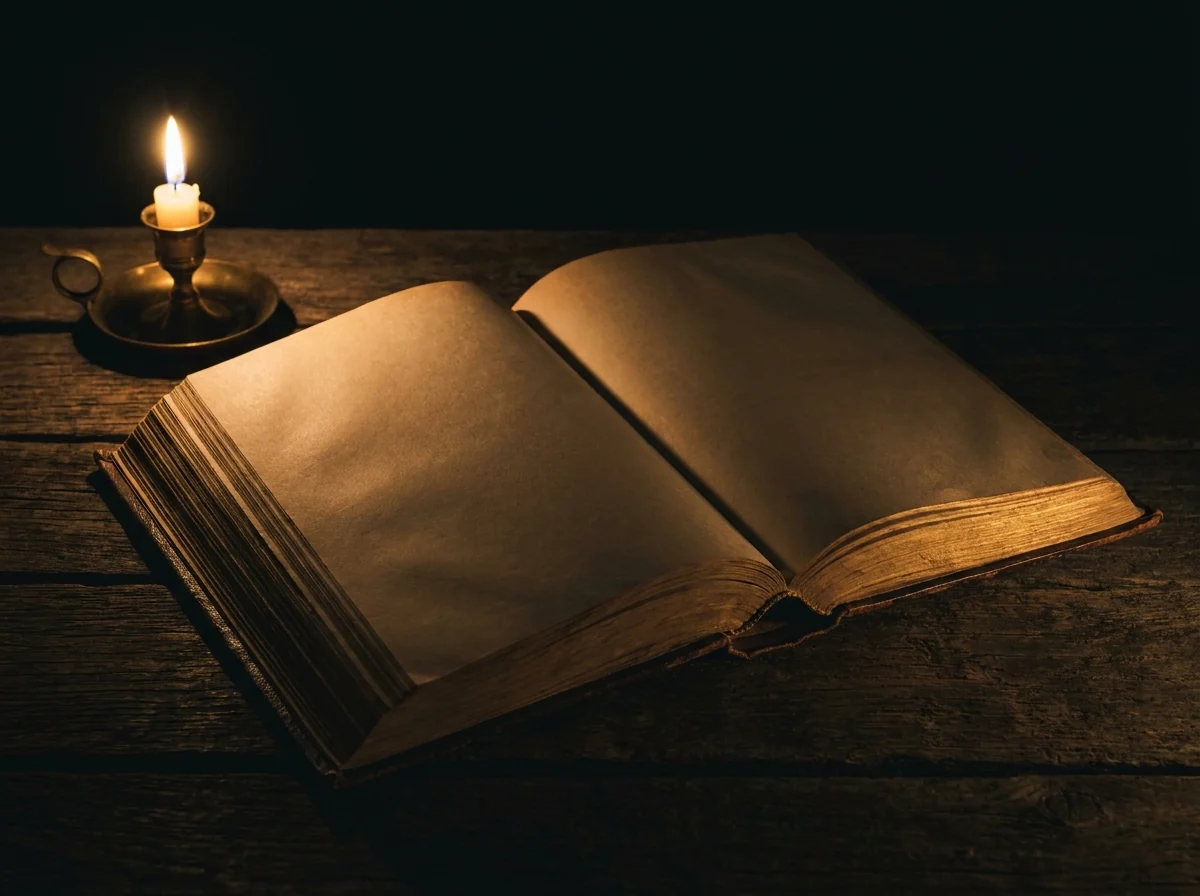 A single moody, dramatic open book on a dark surface, lit from one side.