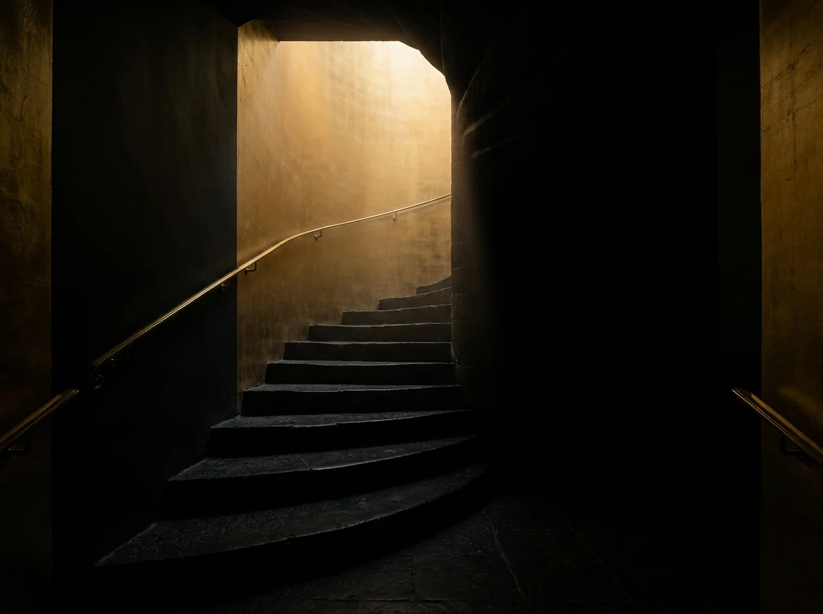 A dark staircase ascending into warm golden light.