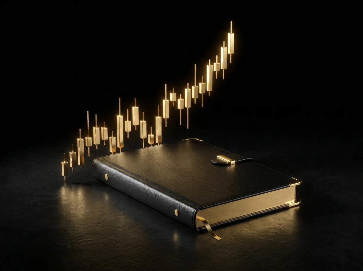 A dark, gold-lit trading chart with a clean upward candlestick move.